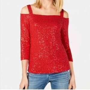 INC Womens Petite PM Real Red Sequin Cold Shoulder Top